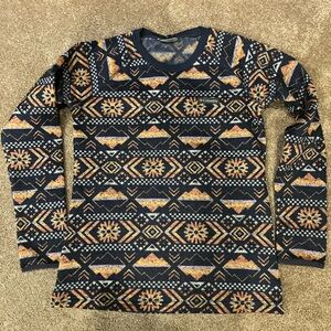 Columbia Navy Crewneck Sweater with Tan & Cream Geometric Print